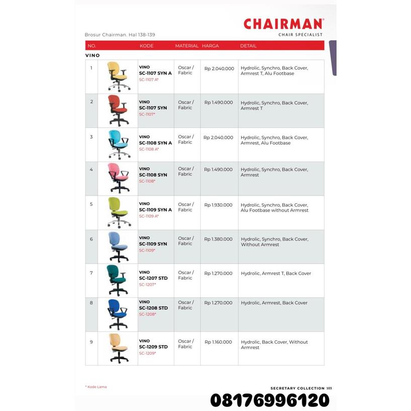 Kursi Kantor Chairman VINO SC 1107 SYN A 1107 SYN 1108 SYN A 1108 SYN 1109 SYN A 1109 SYN 1207 STD 1208 STD 1209 STD