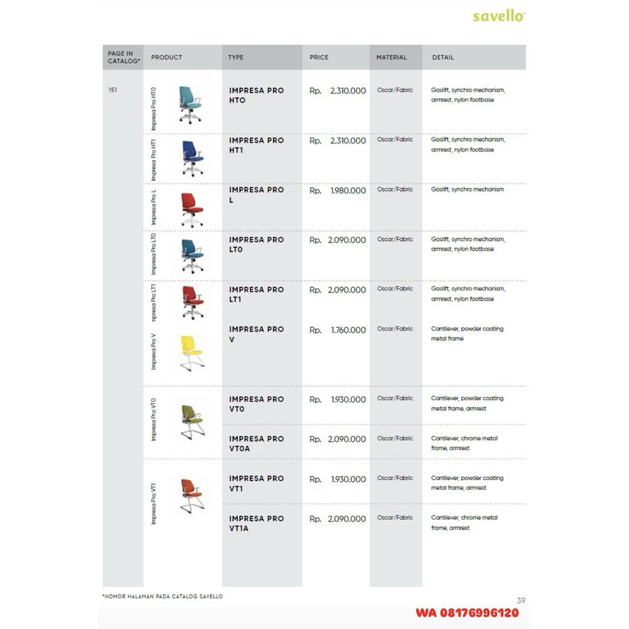 Kursi Kantor Savello IMPRESA PRO HTO PRO HT1 PRO L PRO LTO PRO LT1 PRO V PRO VTO PRO VTOA PRO VT1 PRO VT1A